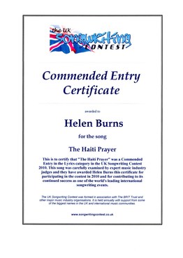Commended Entry Certificate. UK Songwriting Contest